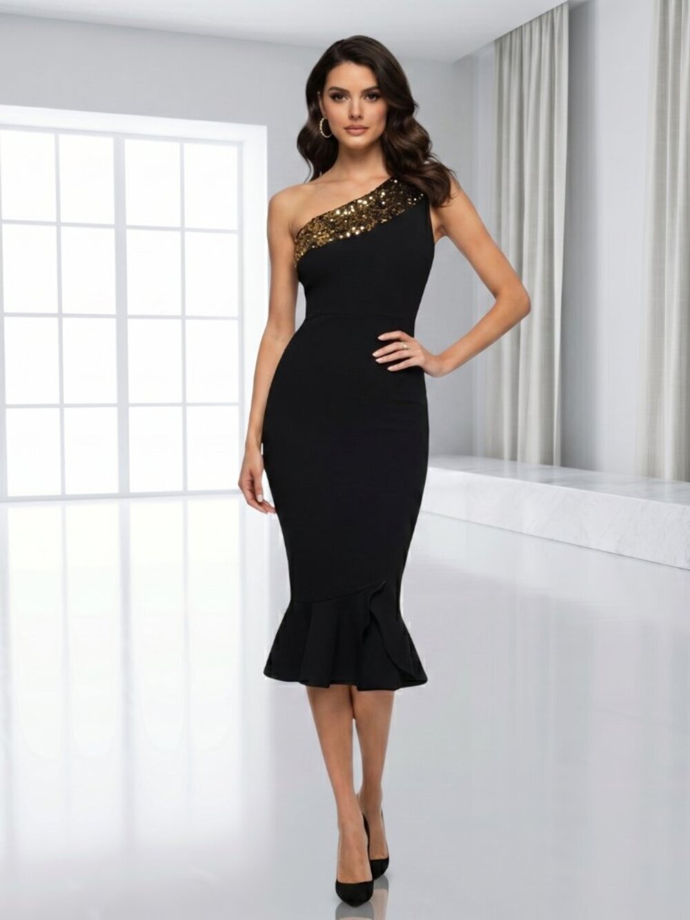 Adyce One Shoulder Black Bandage Dress Gold Sequin Mermaid Hem – Size XS